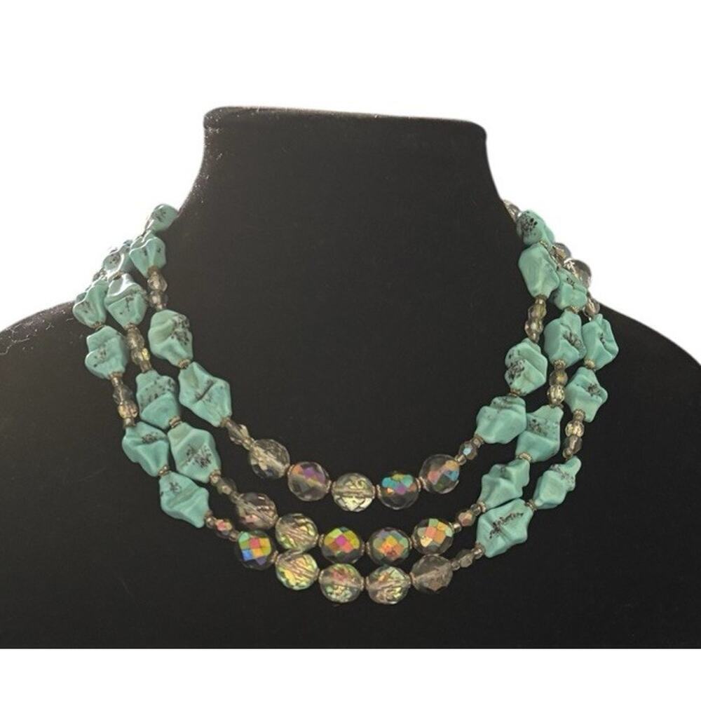 Antique Art Deco Faux Turquoise Glass AB Faceted Triple Strand Necklace RARE